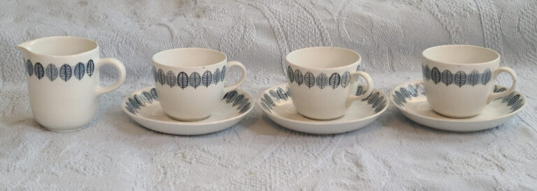 Read more about the article Vintage Arabia Finland Linnea pattern 3 demitasse cups w. saucers  1 creamer