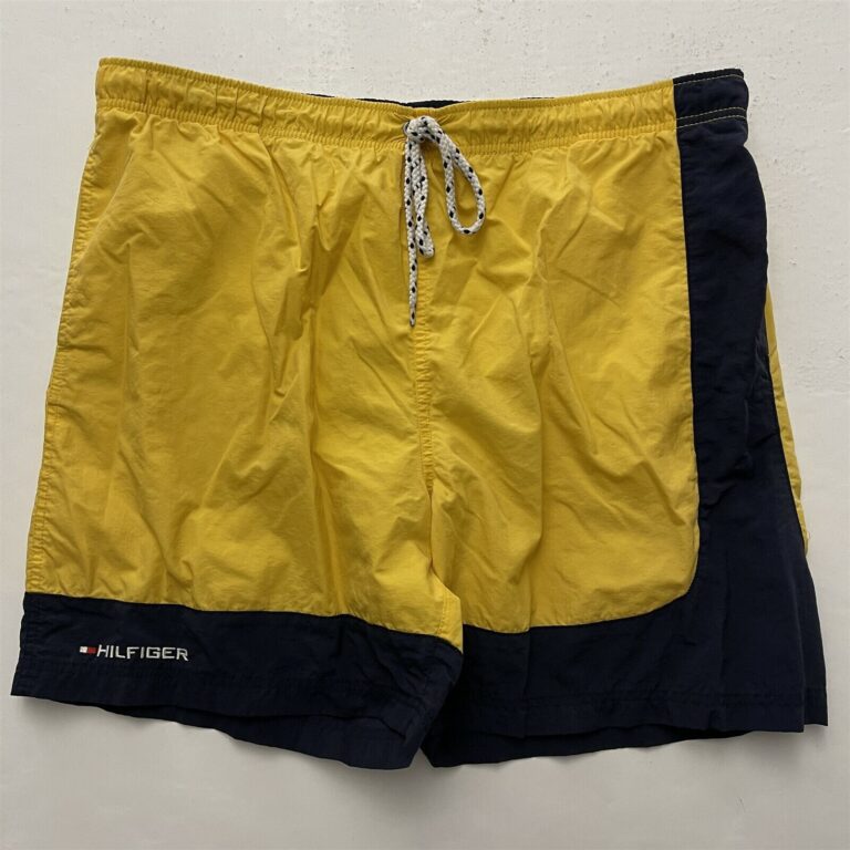 Read more about the article Tommy Hilfiger L 36 x 6″ Yellow Blue Stripe Drawstring Stretch Waist Swim Shorts