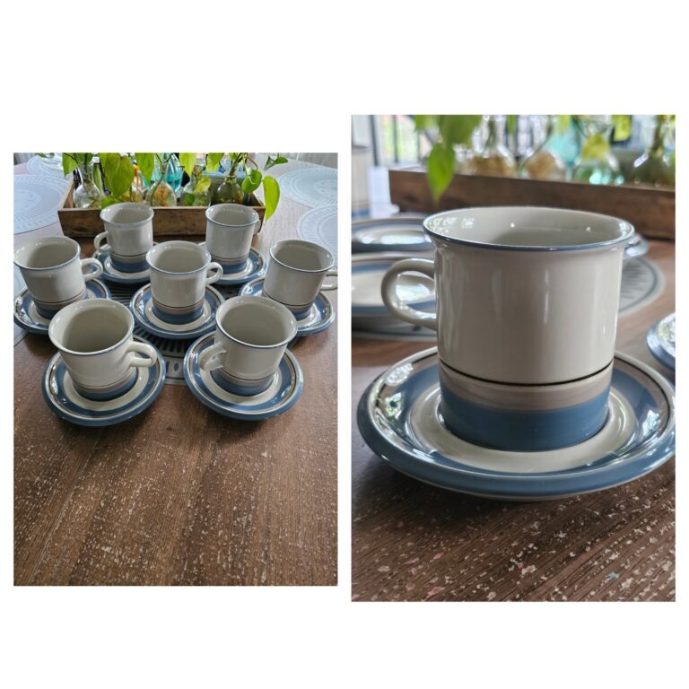Read more about the article Arabia Pottery Uhtua Blue Tan Bands Cup and Saucer Set Of 8 Tea Cottage 6309294