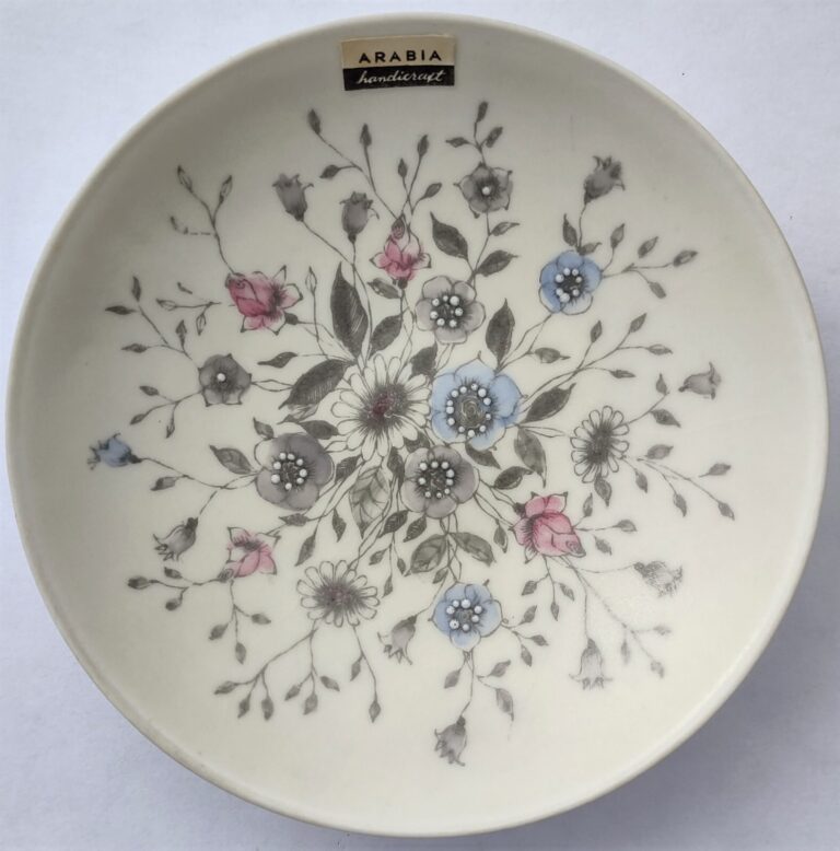 Read more about the article 1960s Arabia Finland Handicraft Blue/Pink/Gray Florals Trinket Dresser Dish