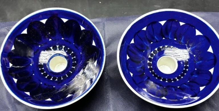 Read more about the article Arabia Finland Pedestal CandleHolders Set  Hand Painted Cobalt Blue Ulla Procope