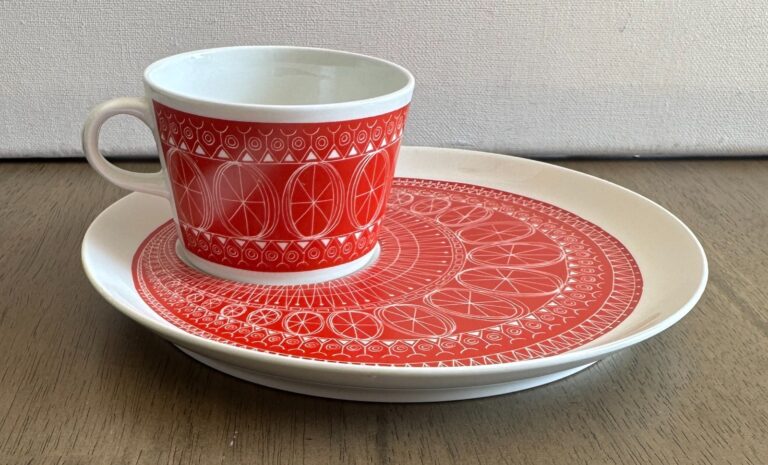 Read more about the article RED Arabia Finland Breakfast Set Cup and Plate  Kaj Franck  Riikinkukko Uosikkinen