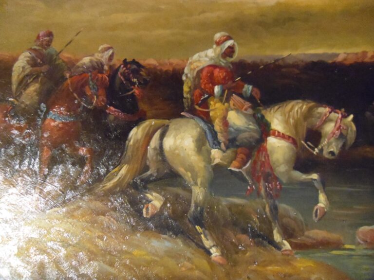 Read more about the article Antique signed oil painting 8 x 10 original desert Arabian horses scene FINE WOW