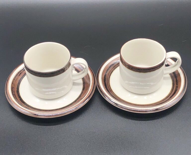 Read more about the article Arabia Finland Karelia Cup and Saucer Set 2 Coffee Tea Brown Stripe EUC 48