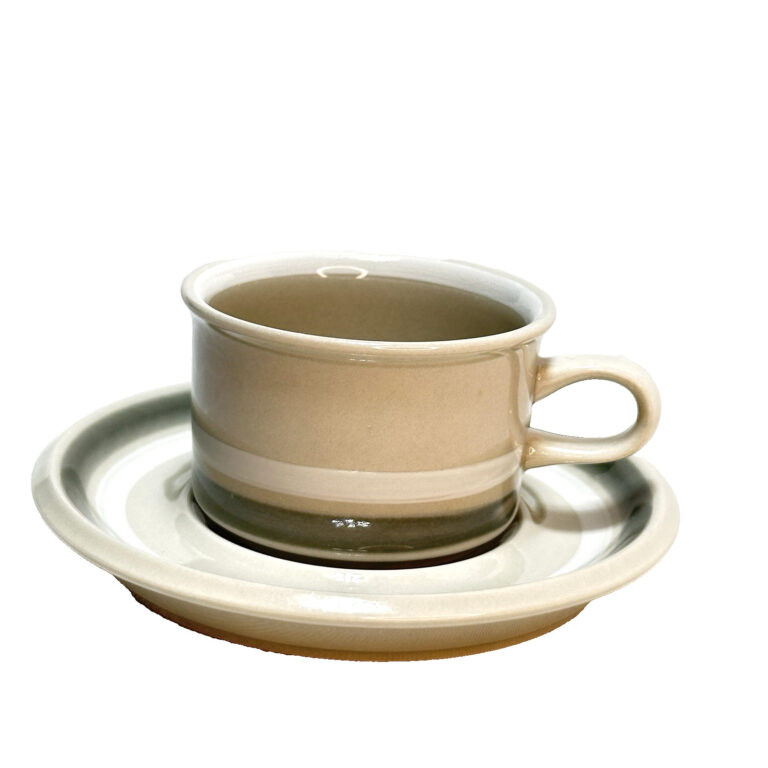 Read more about the article ARABIA OF FINLAND Salla Small Coffee Cup Saucer Gray Gray Tan White Stripe 4 oz.