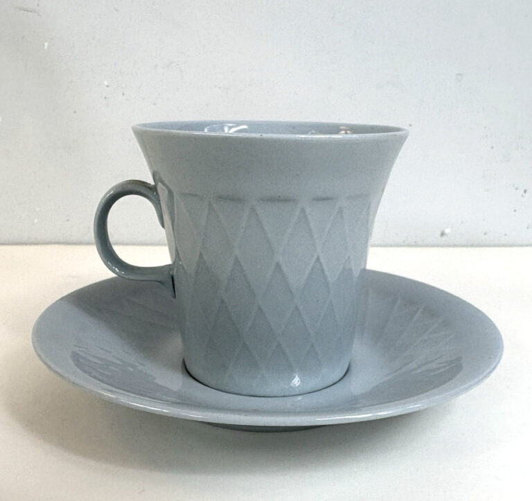 Read more about the article Arabia Finland Demitasse Cup Saucer Porcelain “Diamond” Vintage 1960’s Lt Blue