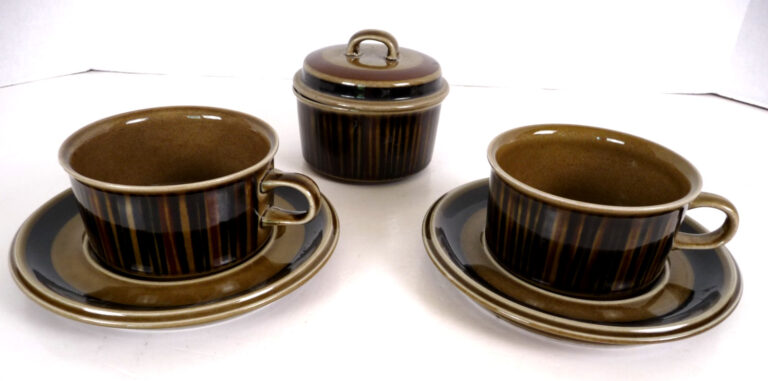 Read more about the article ARABIA KOSMOS Gunvor Olin-Grönqvist Coffee Tea Cups and Saucers Set of 2 and Sugar