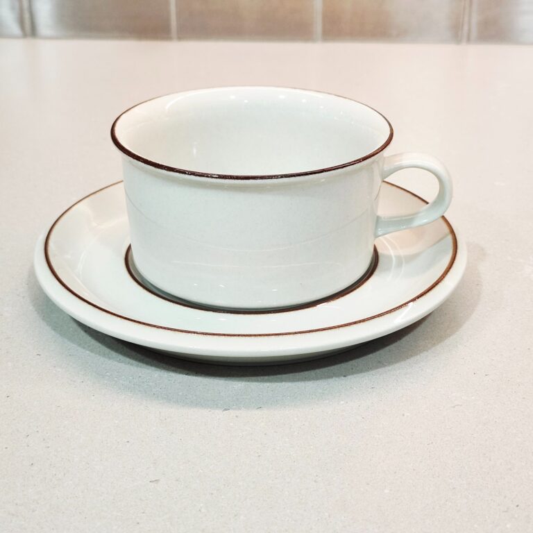 Read more about the article Arabia Finland Fennica Beige Brown Band Flat Cup and Saucer Set