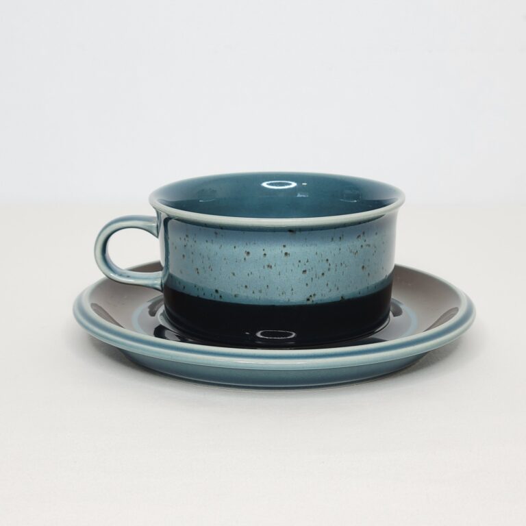 Read more about the article Vintage Arabia Finland Meri Ceramic 8 oz Cup and Saucer Blue Brown Speckled